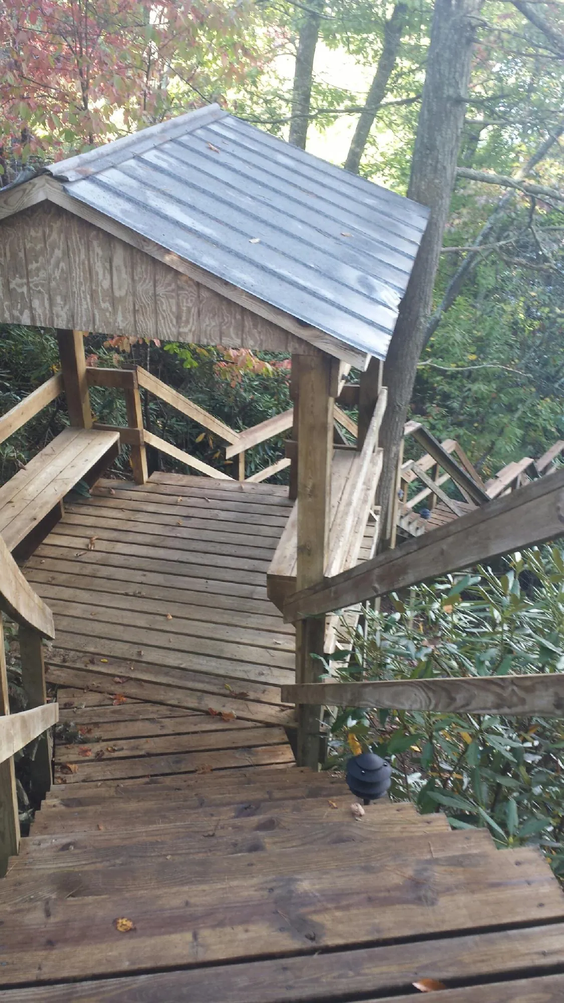 Metal roofed shelter over wooden steps on a wooded walkway — Skylight Repair & Installation work by our crew in Moville